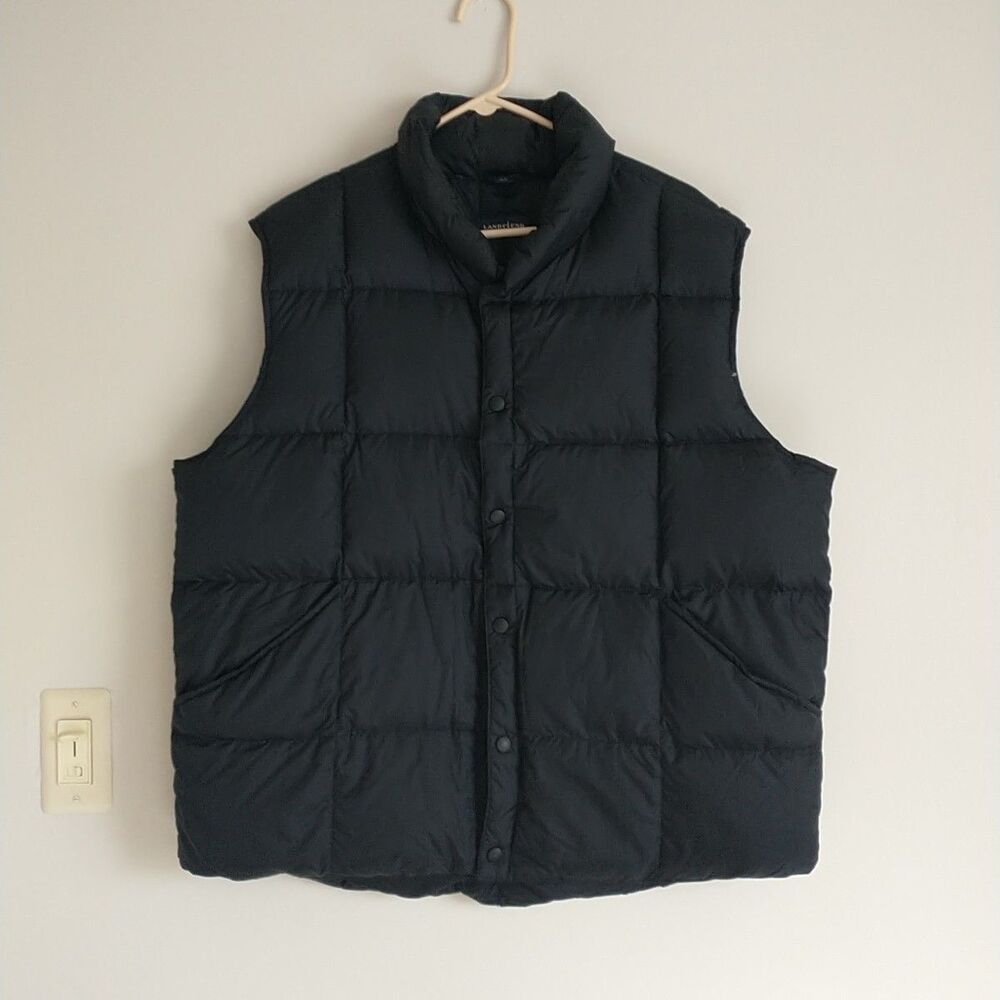 Lands End Vest Mens XL 46-48 Black Goose Down Puffer Outdoor Winter Snap Quilted